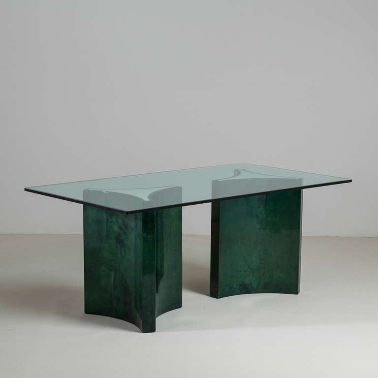 A Lacquered Green Goatskin Double Pedestal Dining Table with Glass Top in the manner of Mastercraft 1980s