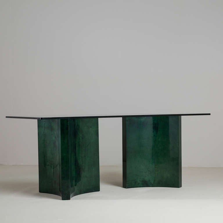 Lacquered A Goatskin Pedestal Based Dining Table with Glass Top 1980s