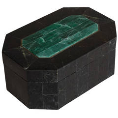 Hexagonal Maitland Smith Stone Veneered Lidded Box with Malachite Inlay, 1970s