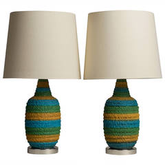 A Pair of Textured Blue and Green Ceramic Table Lamps 1960s 2