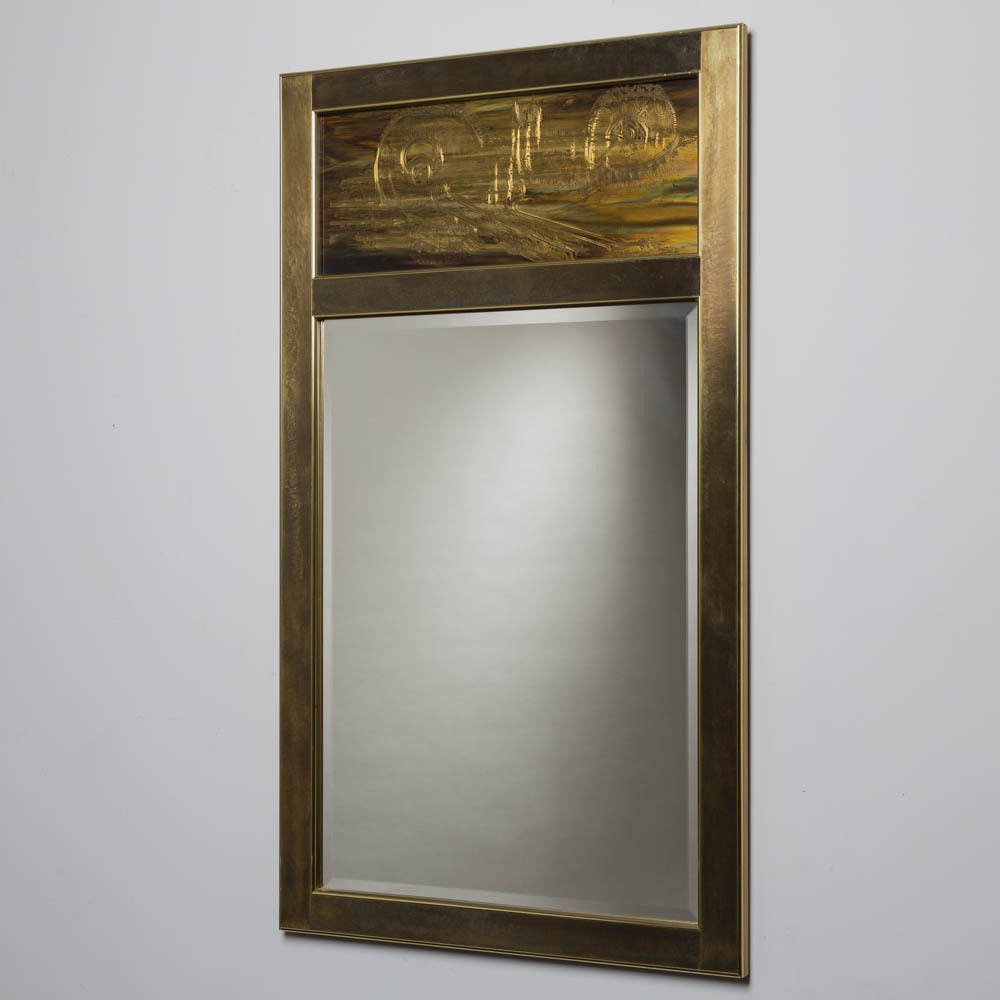 An acid etched brass framed mirror designed by Bernhard Rohne for Mastercraft, USA, 1980s.