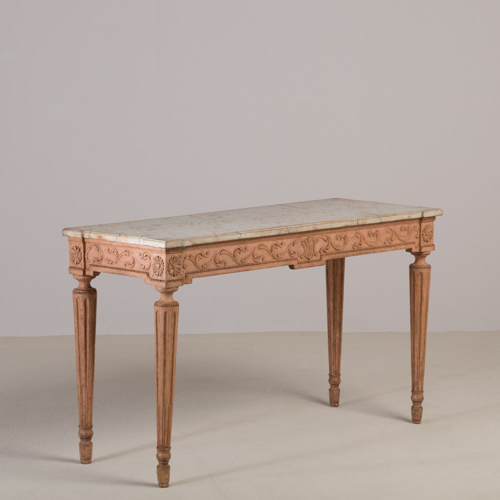 A Superb Italian Carved Console Table circa 1800 finished in a Dusty Salmon Pink with a Faux Porphyry Marble Top