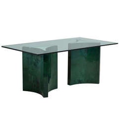 A Goatskin Pedestal Based Dining Table with Glass Top 1980s