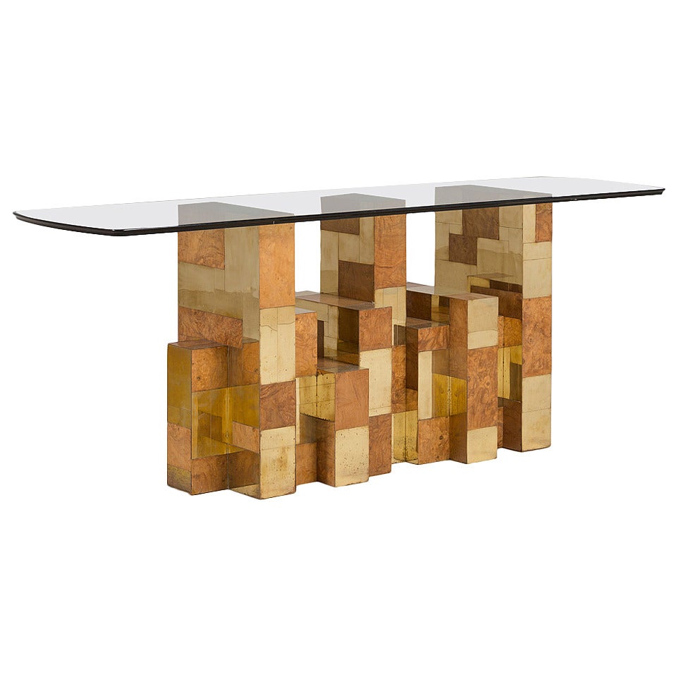 Paul Evans Designed Burr Wood and Brass Dining Table, 1970s