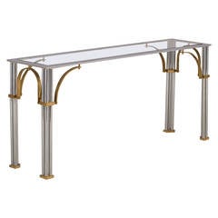 Chrome and Brass Framed Console Table with Glass Top, 1970s