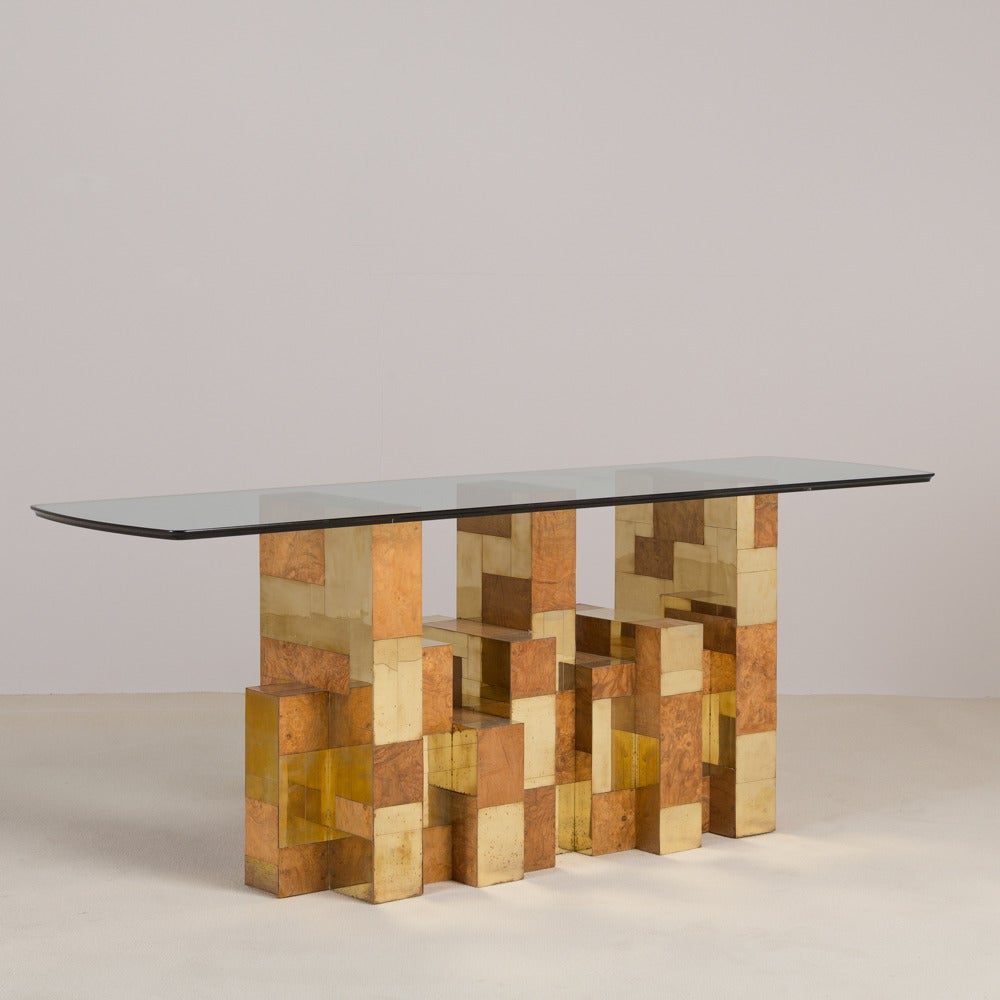 A Paul Evans designed burr wood and brass dining table for Directional Cityscape collection, USA, 1970s.