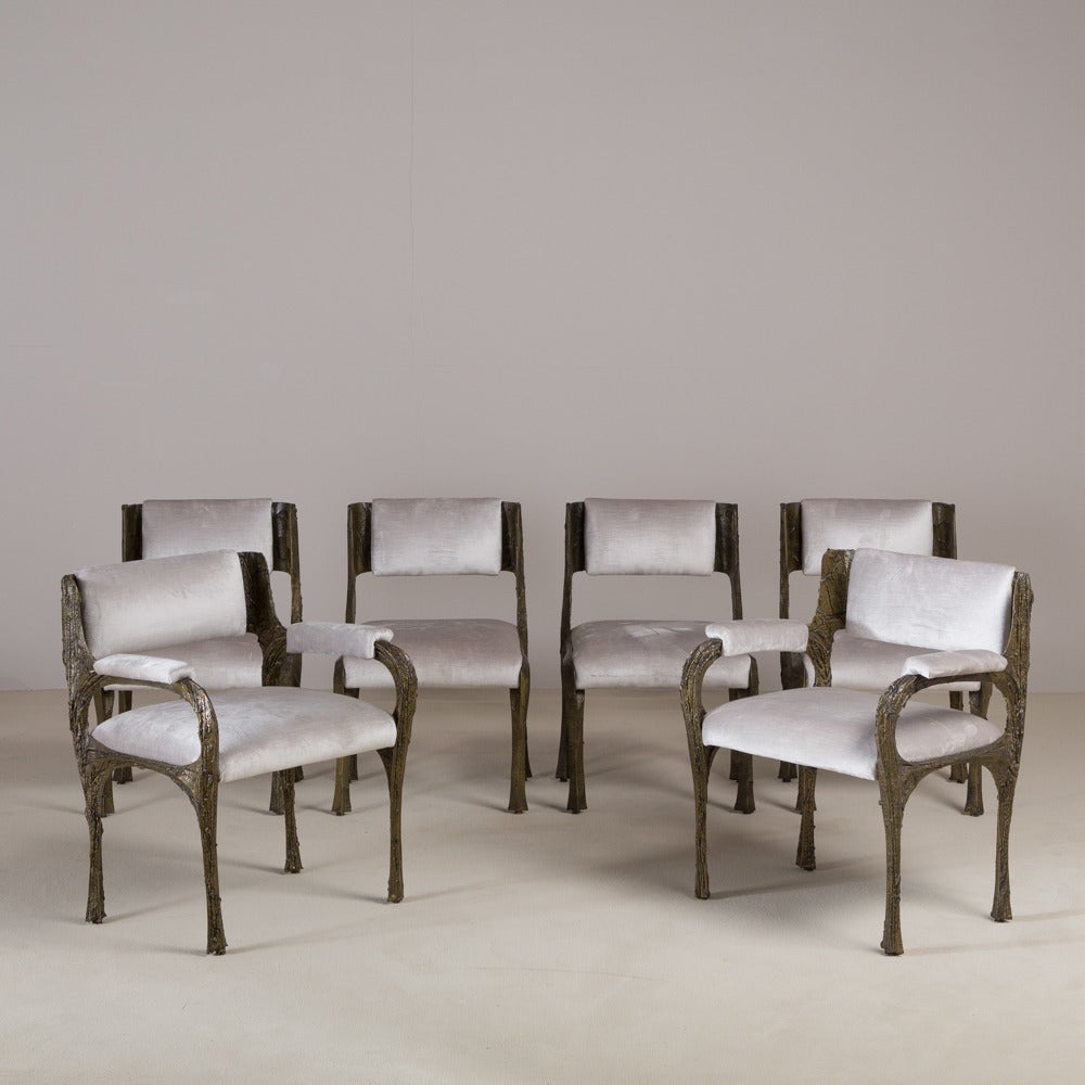 A set of six sculpted bronze PE 105 chairs designed by Paul Evans for Directional, late 1960s.