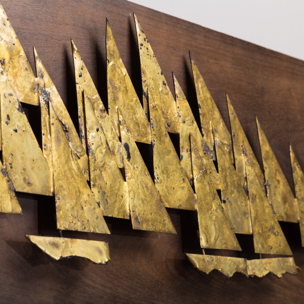 American Rare Brass Metal Sailboat Wall Sculpture by Peter Pepper, 1960s For Sale