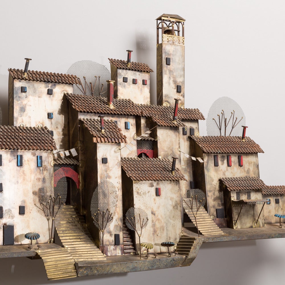 American Village Scene Metal Wall Sculpture by Curtis Jere