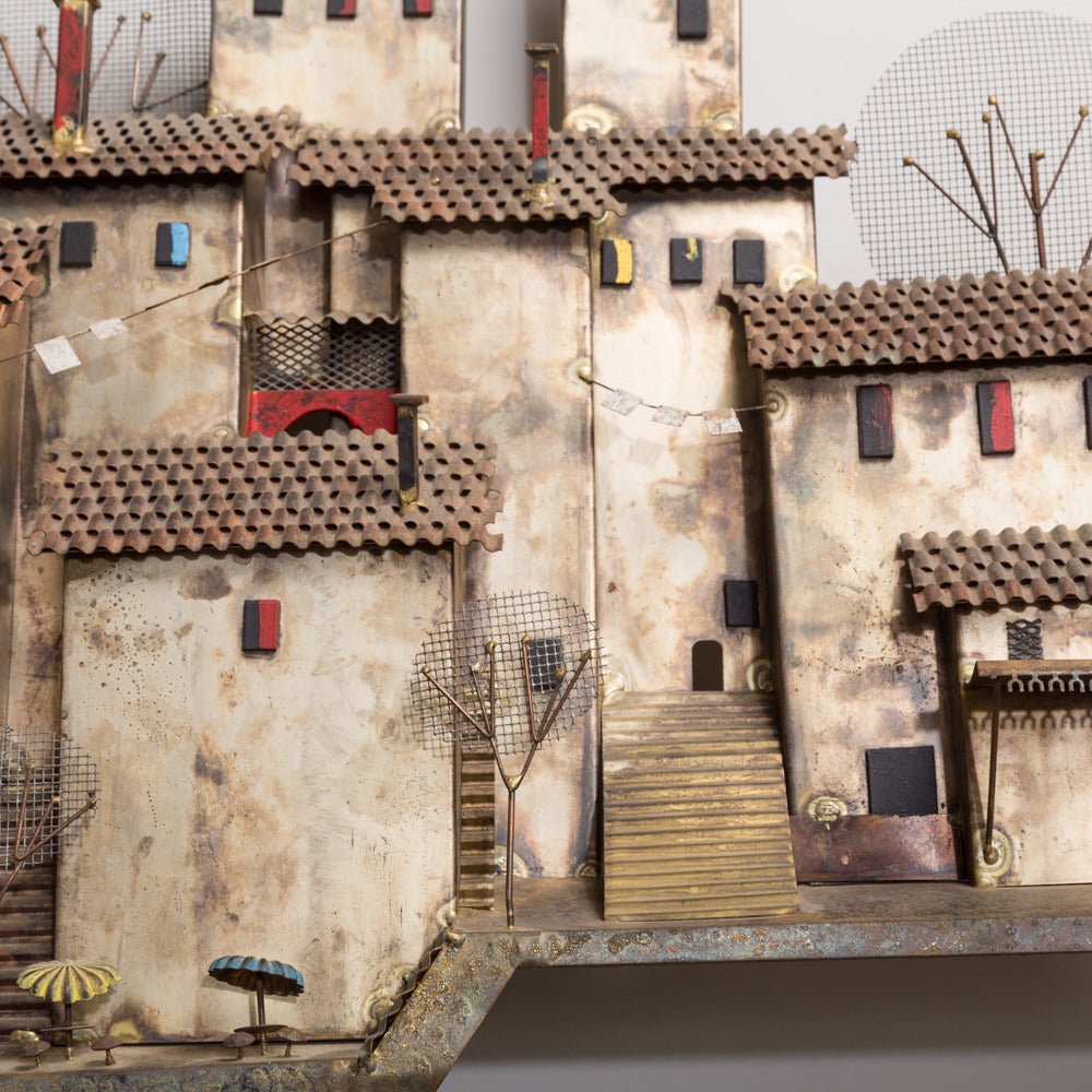 Village Scene Metal Wall Sculpture by Curtis Jere In Excellent Condition In London, GB