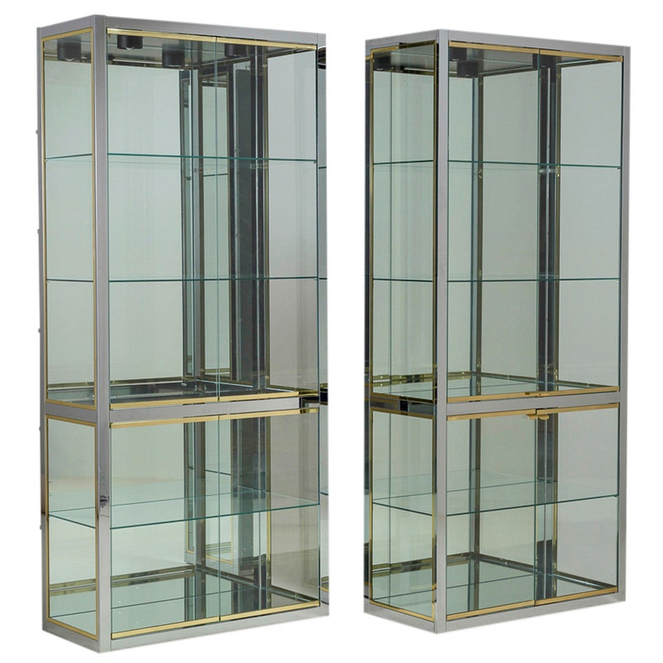 Pair of DIA Chrome and Brass Glazed Cabinets, 1980s For Sale