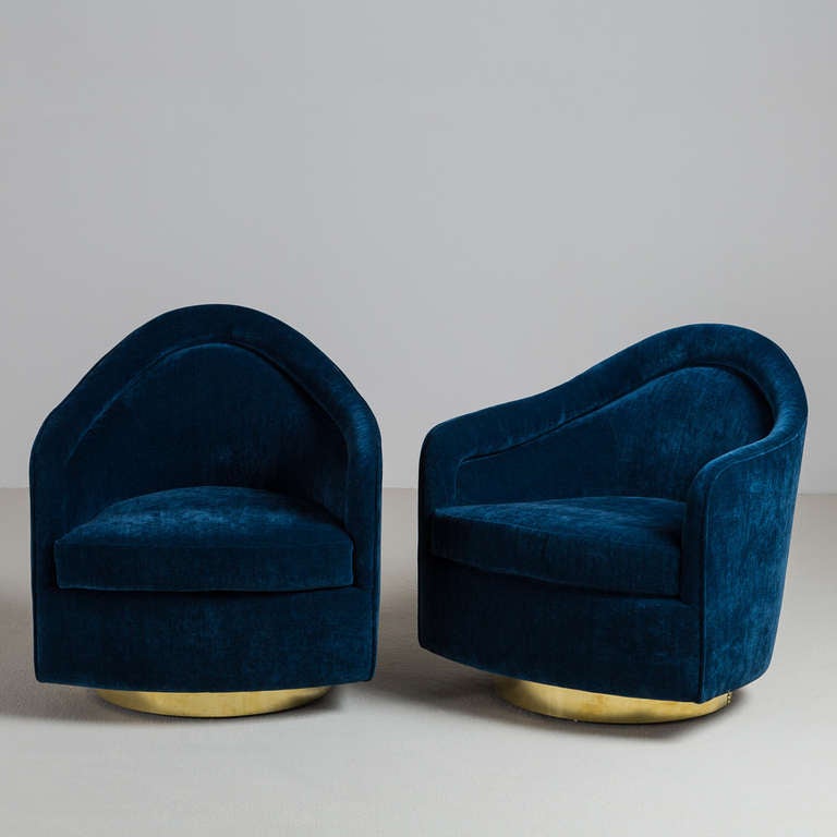 A Pair of Art Deco Inspired Swivel Tilting Armchairs on Brass Wrapped Bases 1960s