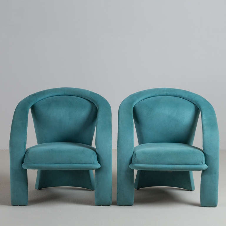 A Pair of Aqua Upholstered Openarm Lounge Chairs 1980s In Good Condition In London, GB