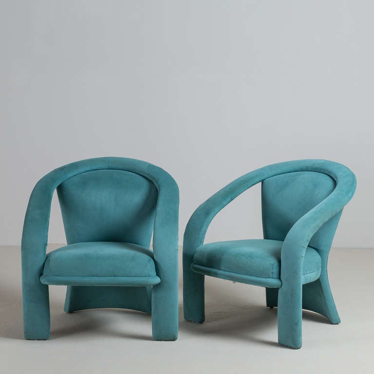 A Pair of Aqua Upholstered Openarm Lounge Chairs 1980s Original Upholstery