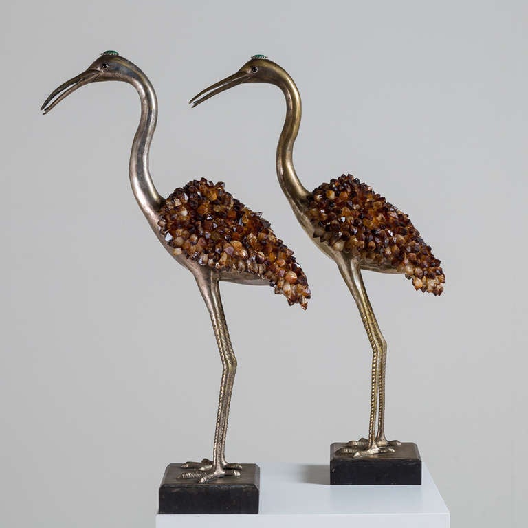 A Pair of Anthony Redmile Silver Plated Stork Sculptures with Encrusted Quartz Tangerine and Malachite Detail 1960s