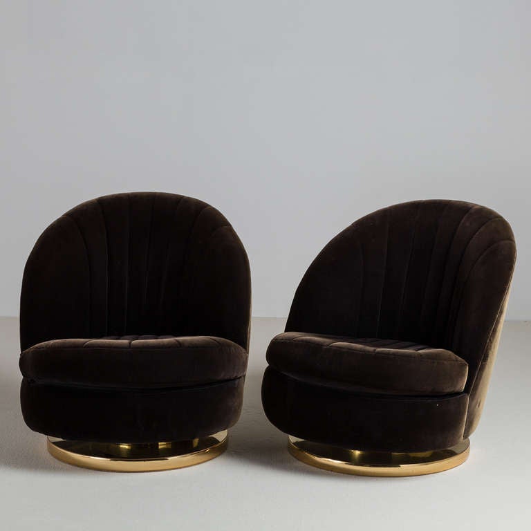 A Pair of Chocolate Velvet Upholstered Milo Baughman designed for Thayer Coggin Swivel Tilting Chairs on Laminated Brass Bases USA 1984  (original upholstery and labels)