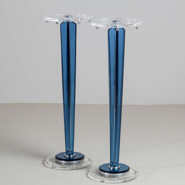 An Elegant Pair of Cobalt Blue and Clear Lucite Tapered Pedestals with Chrome Details circa 1970s
