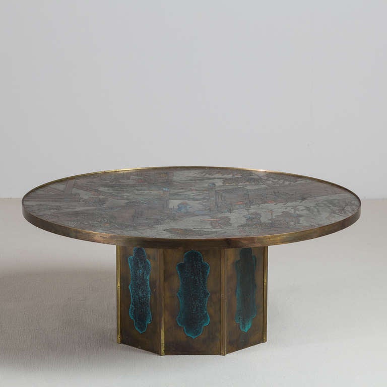 A Philip and Kelvin LaVerne Designed Acid Etched Bronze and Pewter Chan Coffee Table USA 1960s signed
