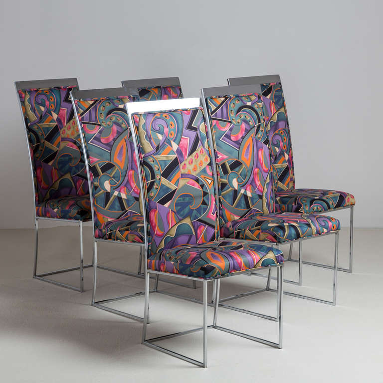A Set of Six Milo Baughman designed Nickel Framed Dining Chairs 1970s Original Upholstery