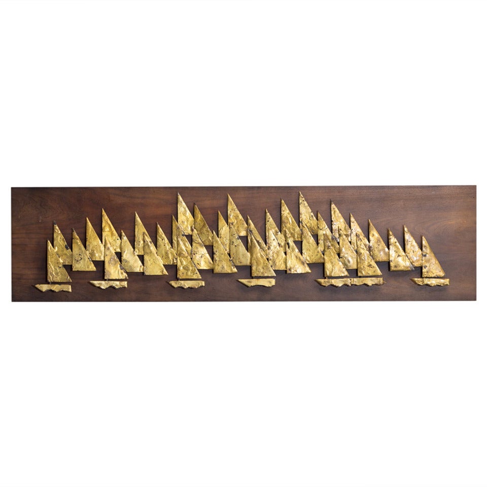 Rare Brass Metal Sailboat Wall Sculpture by Peter Pepper, 1960s For Sale