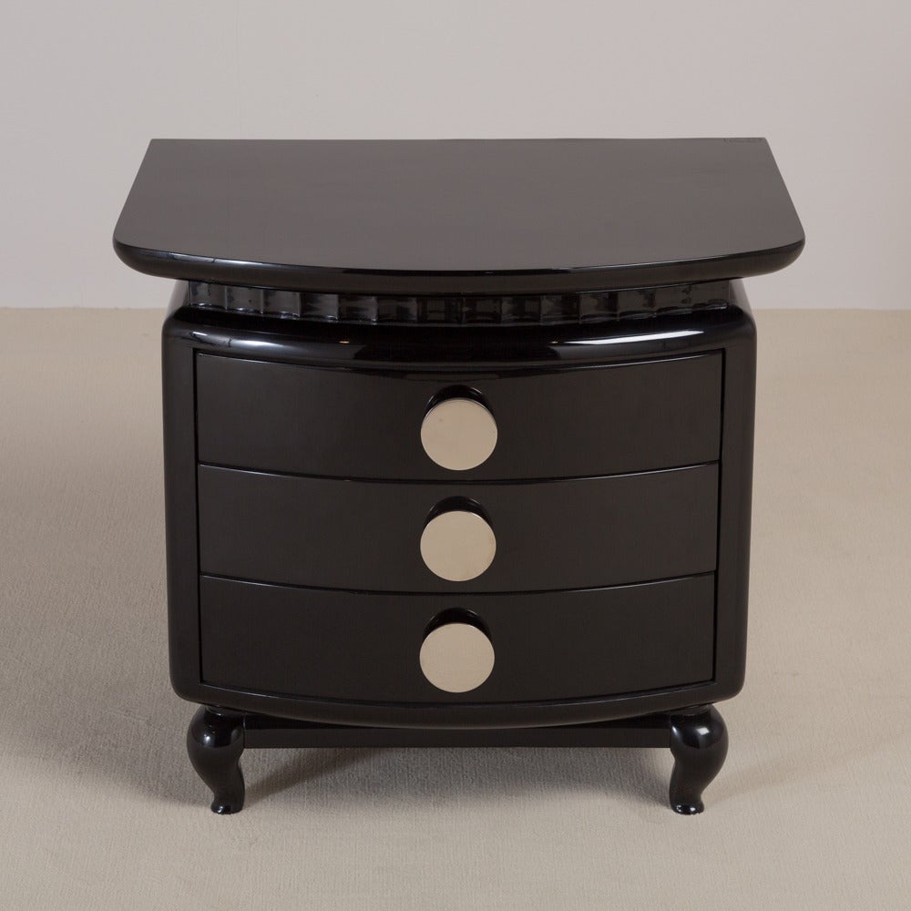 A stunning single jet black lacquered three drawer commode originally from The Eden Rock Hotel Miami, circa 1980s-1990s, fully refurbished by Talisman
