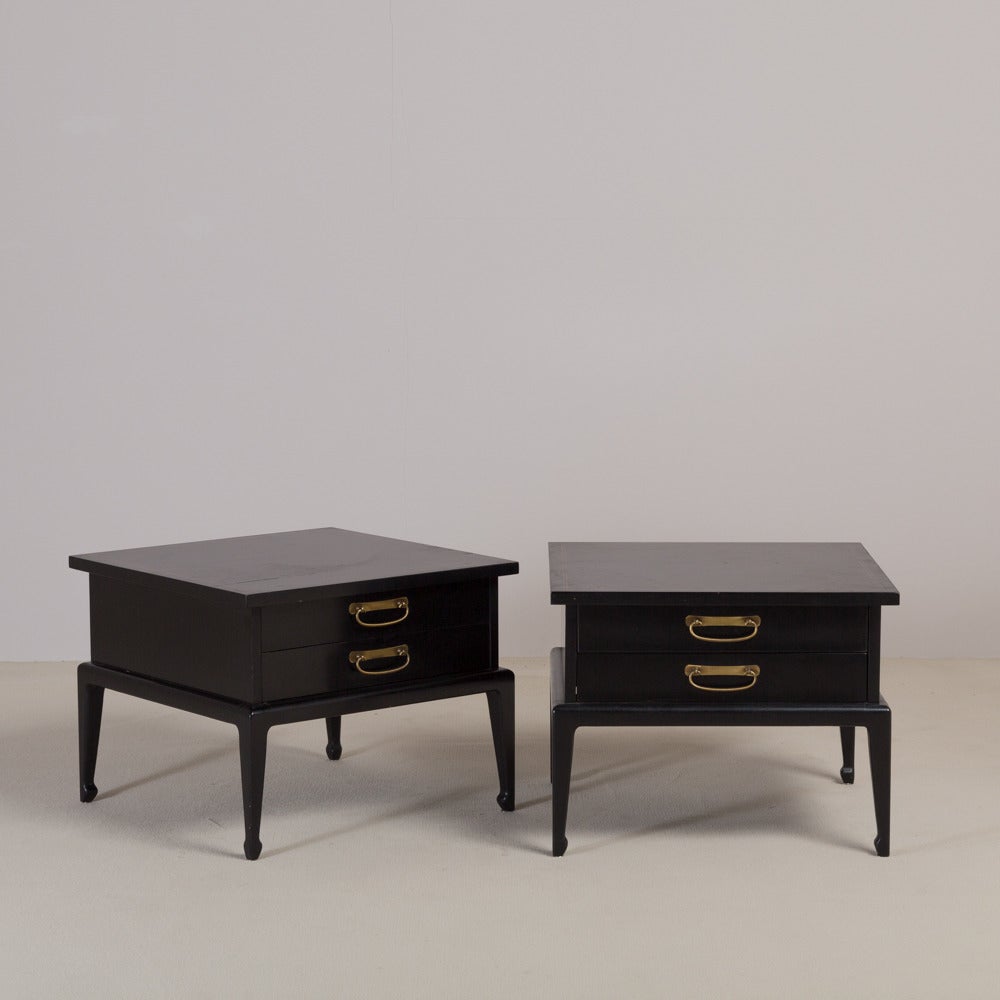 A Pair of Black American of Martinsville designed Two Drawer Side Cabinets with Brass Pull Handles 1950s