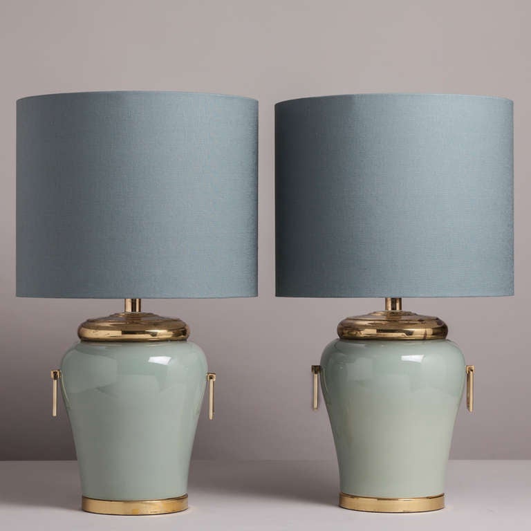 A Pair of Duck Egg Blue Ceramic Urn Shaped Table Lamps with Brass Mounts 1960s