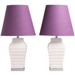 A Pair of Simulated Brick White Ceramic Table Lamps 1970s
