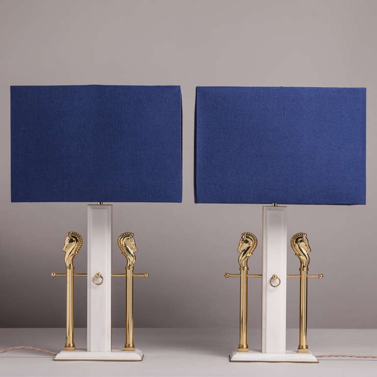 A Pair of White Marble and Cast Brass Horsehead Maitland Smith designed Table Lamps 1980s