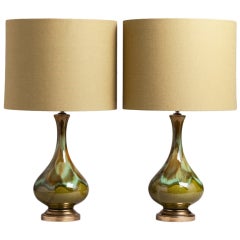 A Pair of Green Drip Glazed Ceramic Table Lamps 1970s