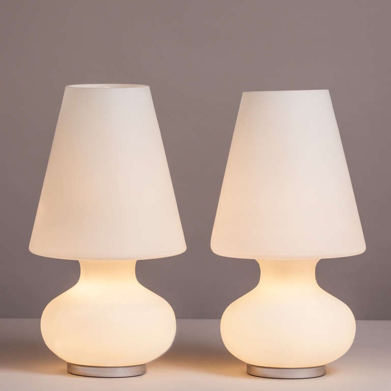A Pair of White Frosted Murano Glass Table Lamps 1970s