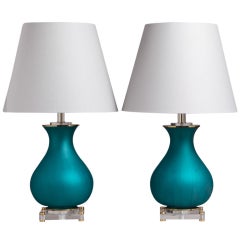 An Unusual Pair of Teal Glass and Lucite Table Lamps 1960s