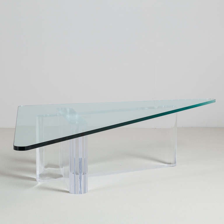 A Superb Lion in Frost designed Interlocking Two Part Lucite Coffee Table with Triangular Glass Top 1970s signed