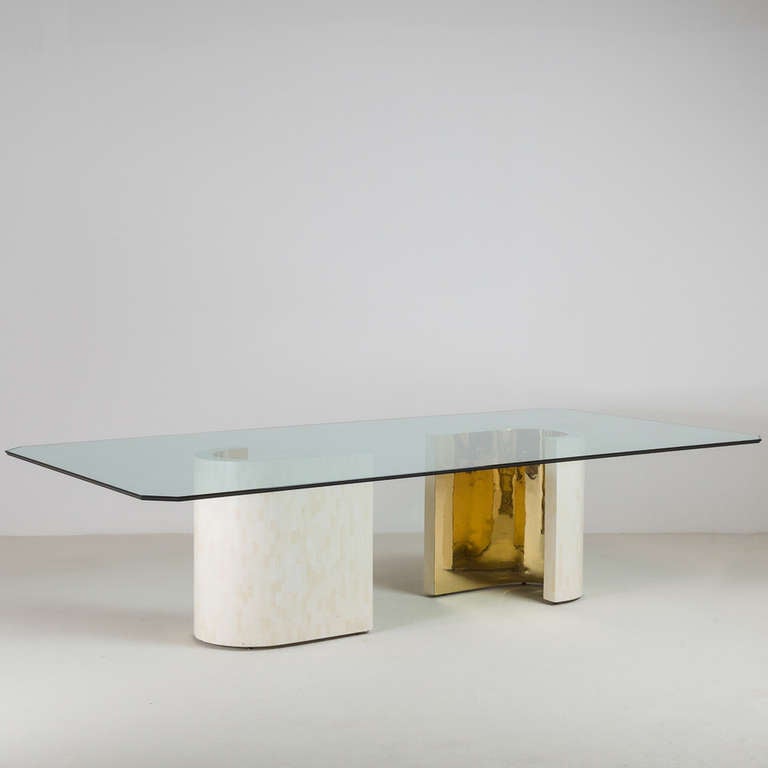 A Tessellated Stone Half Moon Double Pedestal Based Dining Table with Glass Top 1970s