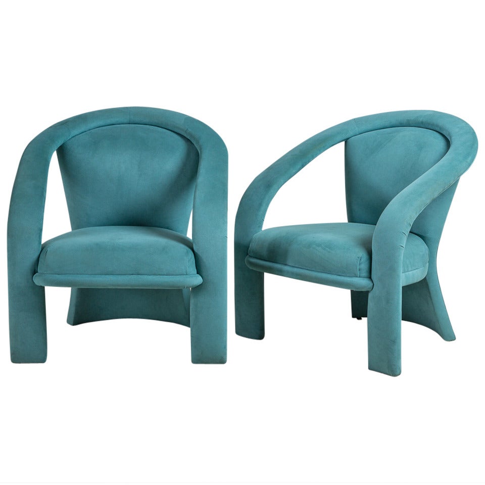 A Pair of Aqua Upholstered Openarm Lounge Chairs 1980s
