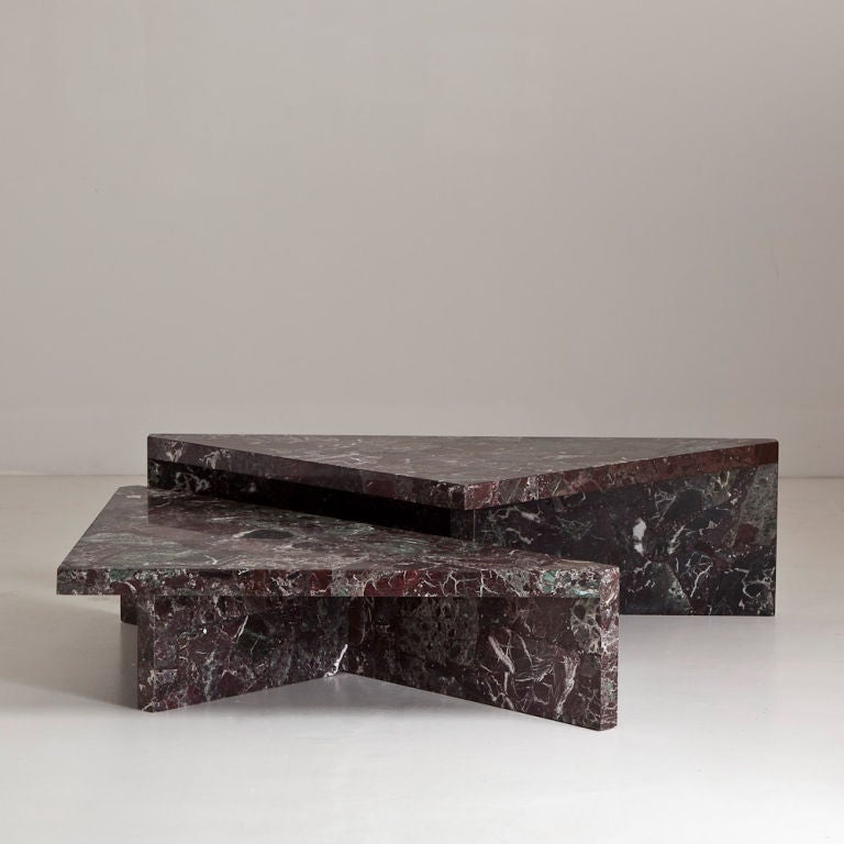 A 1970s Marble Two Part Triangular Shaped Coffee Table<br />
smaller of two tables measures the same except the height is 305mm