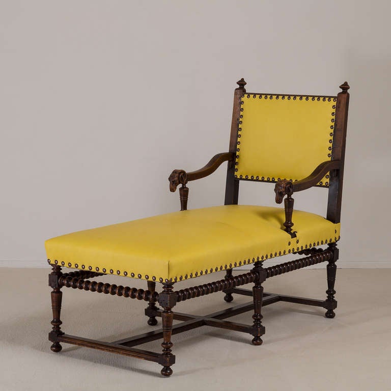 A Late 19th Century Walnut Framed Leather Upholstered Gothic Revival Daybed Reupholstered by Talisman