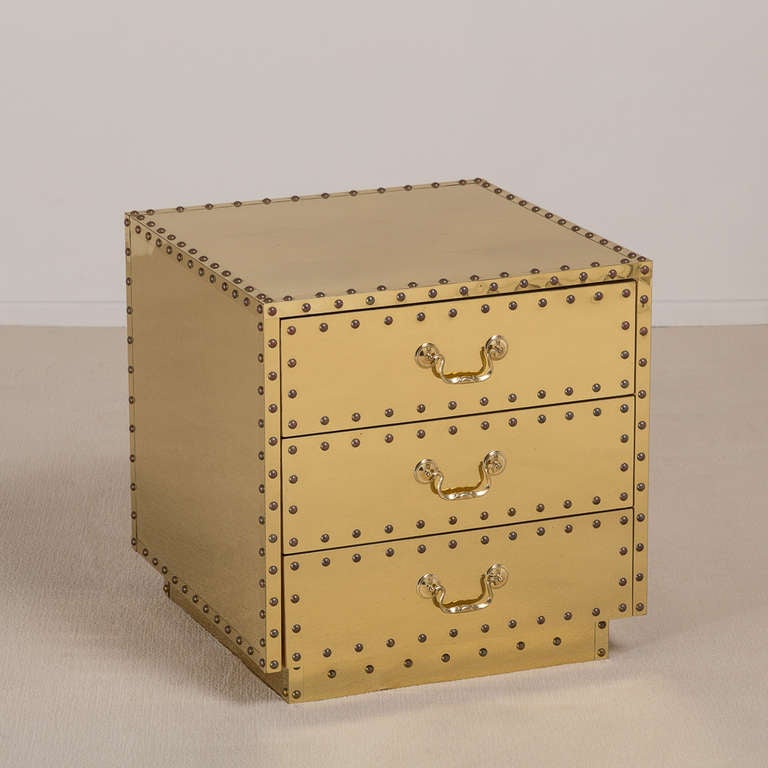 A Sarreid Designed Three Drawer Brass and Studded Side Cabinet Spain 1970s