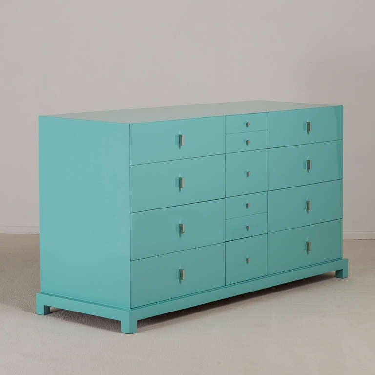 A Turquoise Lacquered American Twelve Drawer Cabinet with Nickel Plated Metalwork 1950s, Talisman Edition