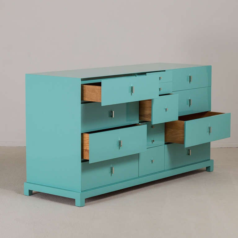 A Turquoise Lacquered American Twelve Drawer Cabinet 1950s In Excellent Condition In London, GB
