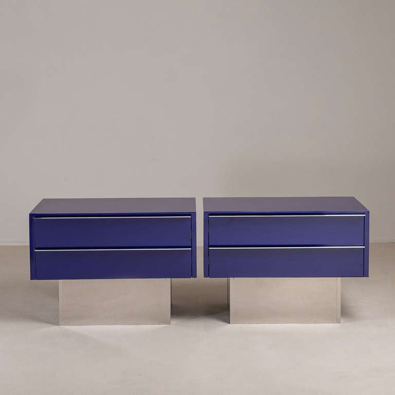 A large pair of two-drawer lacquered and steel side cabinets 1970s, Talisman Edition.

