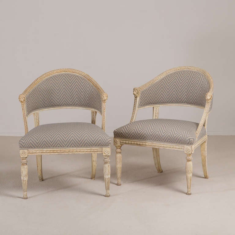 A Superb Pair of Early Empire Swedish Armchairs with Lion Mask Detail circa 1800 reupholstered by Talisman