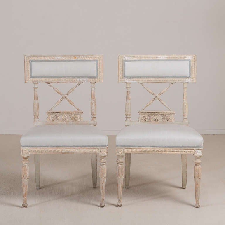 Swedish A Pair of Painted Empire Dining Chairs circa 1810 signed