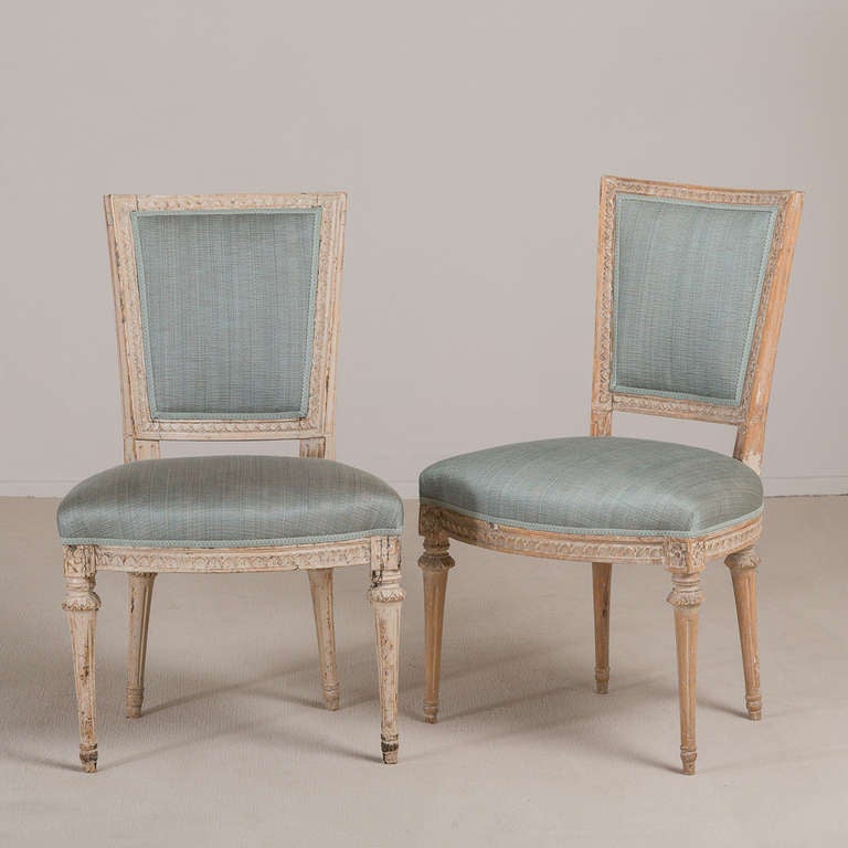 A Pair of Swedish Painted Framed Dining Chairs circa 1780 signed and stamped, reupholstered by Talisman