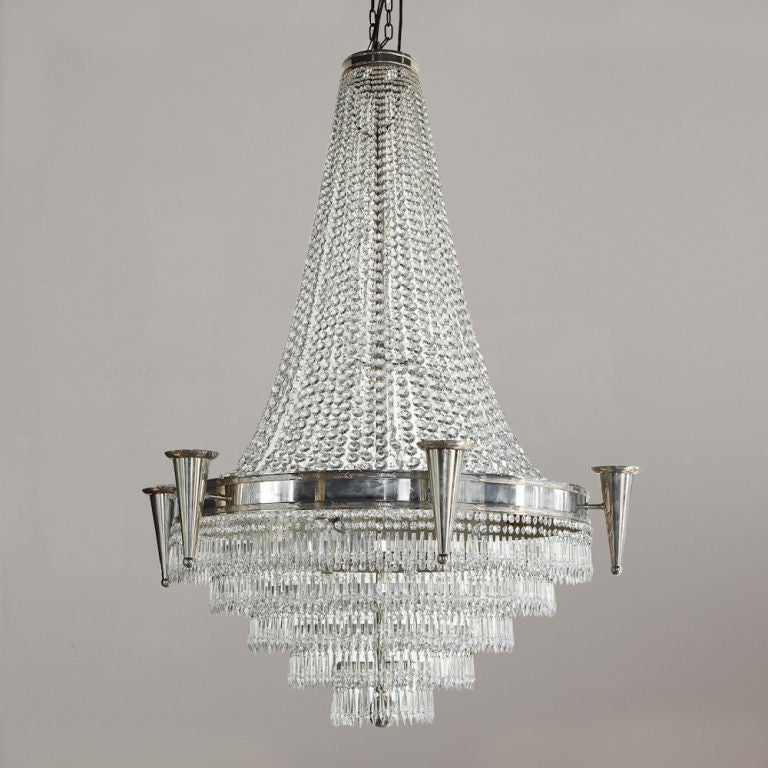 Mid-20th Century A Glass and Nickel Plated Art Deco Chandelier ca 1930
