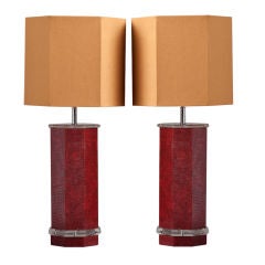 A Pair of 1980s Octagonal Shaped Red Faux Snakeskin Table Lamps