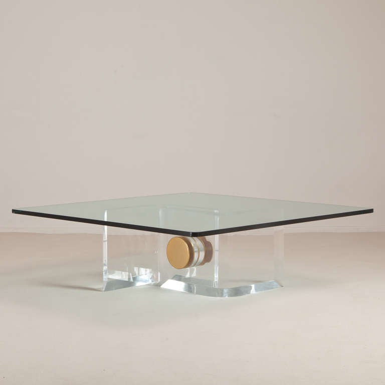 A Heavy Lucite and Brass Bolt Detail Coffee Table Base 1970s