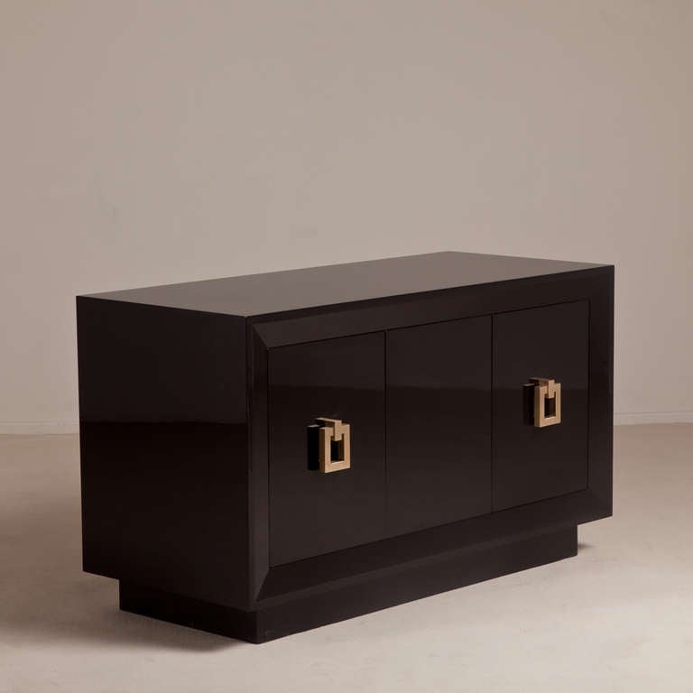 A Black Lacquered Two Door James Mont Attributed Sideboard with Cast Bronze Handles Late 1970s