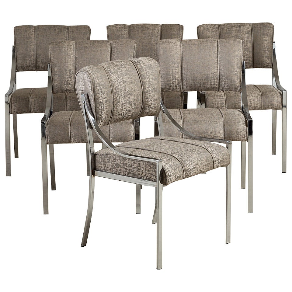 Set of Six Nickel Plated Upholstered Dining Chairs, 1970s