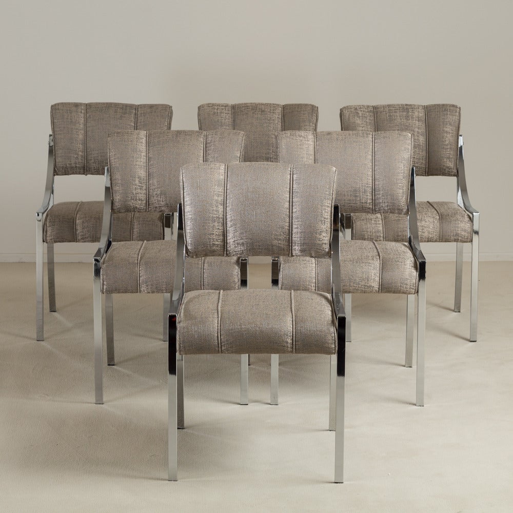 A Set of Six Nickel Plated Upholstered Dining Chairs 1970s 
Entirely reupholstered by Talisman

Prices include 20% VAT which is removed for items shipped outside the EU.